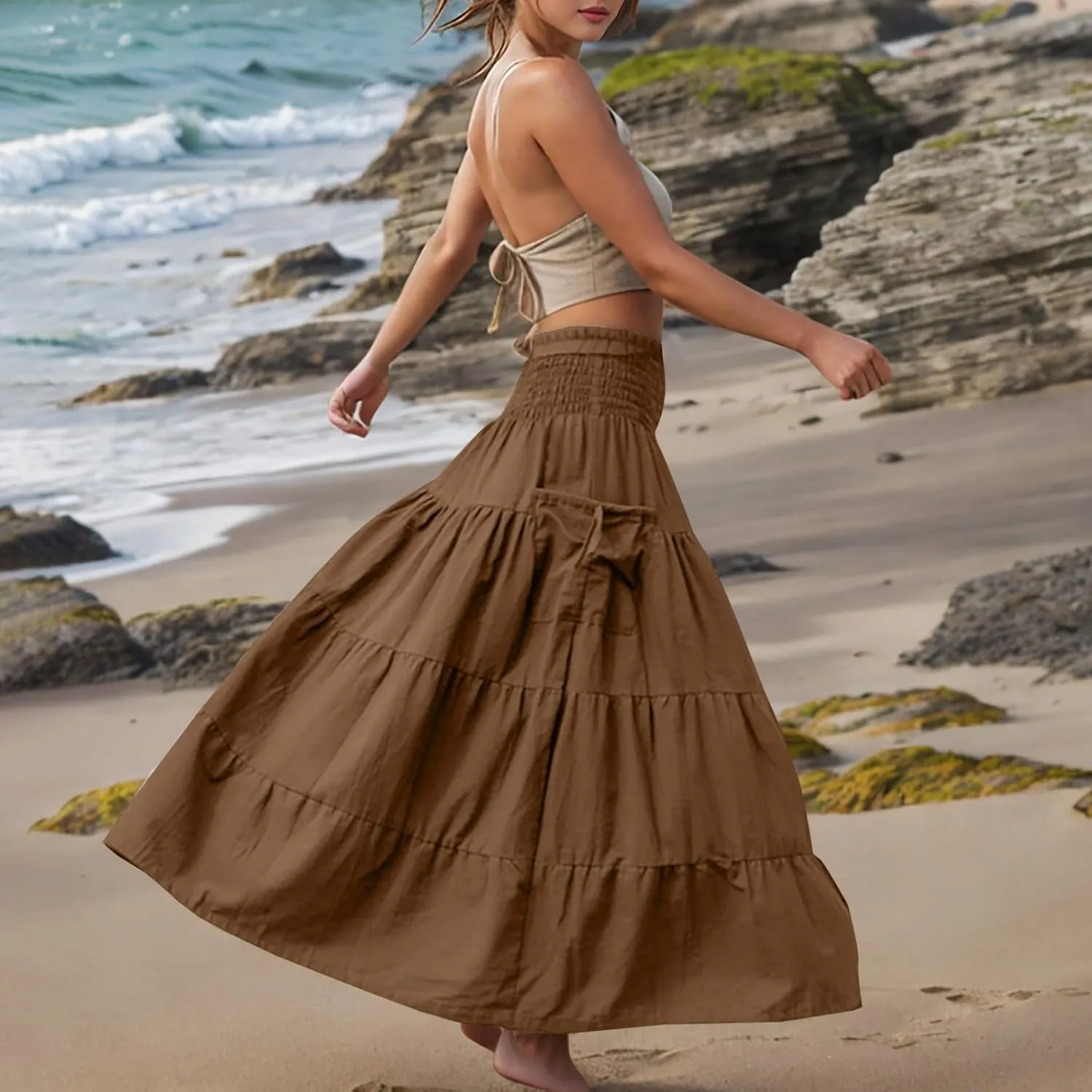 Midi Skirts for Women Pleated Tiered Long Flowy Skirt Elastic Waist Summer Boho Casual Loose Layered Ruffle Skirt