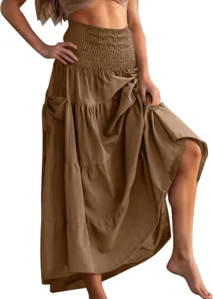 Midi Skirts for Women Pleated Tiered Long Flowy Skirt Elastic Waist Summer Boho Casual Loose Layered Ruffle Skirt