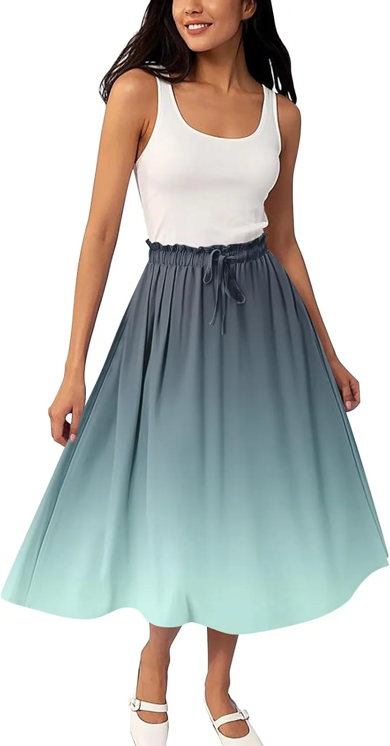 Midi Skirts for Women,2025 Summer Flowy Elastic High Waist A Line Skirts Elegant Beach Floral Outfits