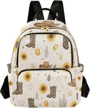 Mini Backpack for Women Cowboy Boots Cactus Sunflower Pattern Small Purse Daypacks Stylish Bags Lightweight Travel Backpacks for College Shopping Work Dating