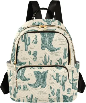 Mini Backpack for Women Green Cowboy Boots Cactus Flower Pattern Small Purse Daypacks Stylish Bags Lightweight Travel Backpacks for College Shopping Work Dating