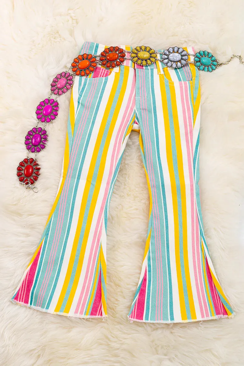 MULTI-COLOR STRIPE BOOTCUT DENIM PANTS.
