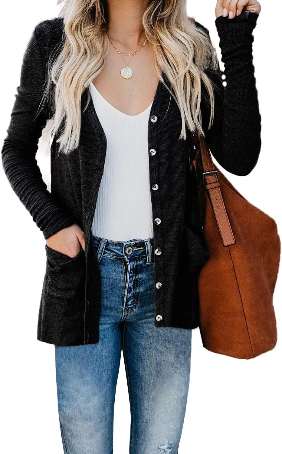 Naggoo Women's Cardigans Button Down Solid Knit Loose Cardigans with Pockets