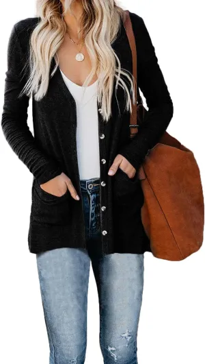 Naggoo Women's Cardigans Button Down Solid Knit Loose Cardigans with Pockets