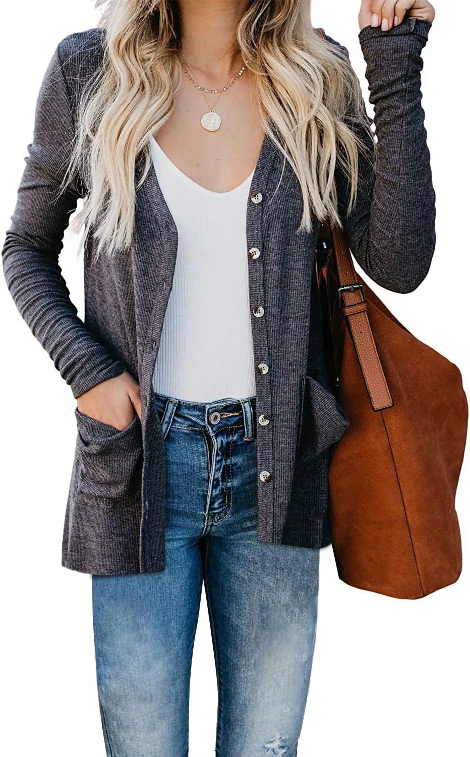 Naggoo Women's Cardigans Button Down Solid Knit Loose Cardigans with Pockets