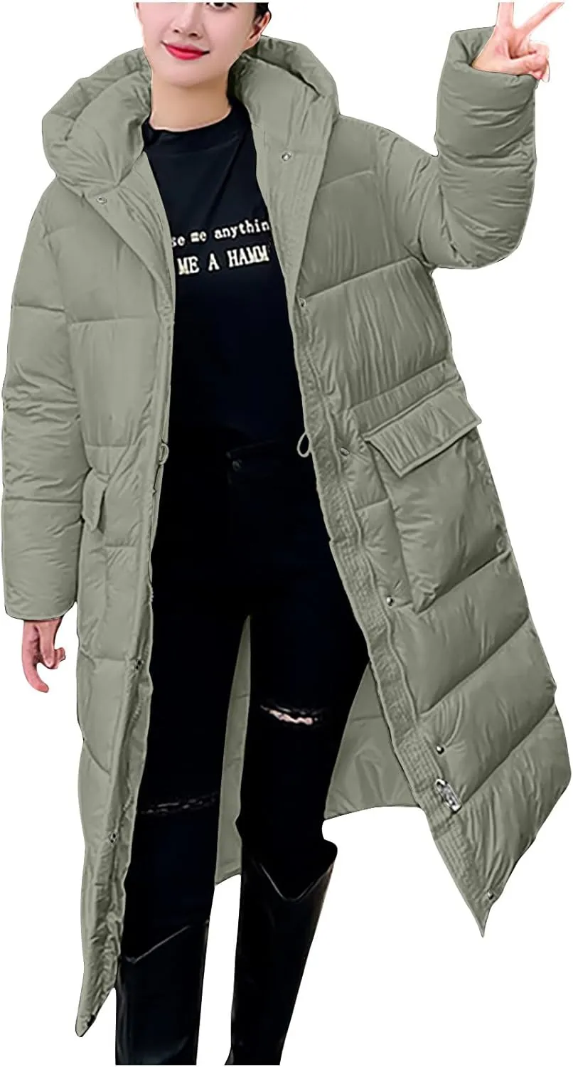 NATHGAM Long Down Winter Coats for Women Winter Thick Padded Down Coats with Hood Cotton-Padded Jacket Trendy Teen Outwear