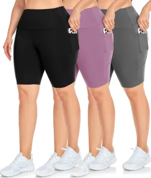NEW YOUNG 3 Pack Plus Size Biker Shorts with Pockets for Women-High Waisted 8" Yoga Pants Workout Shorts