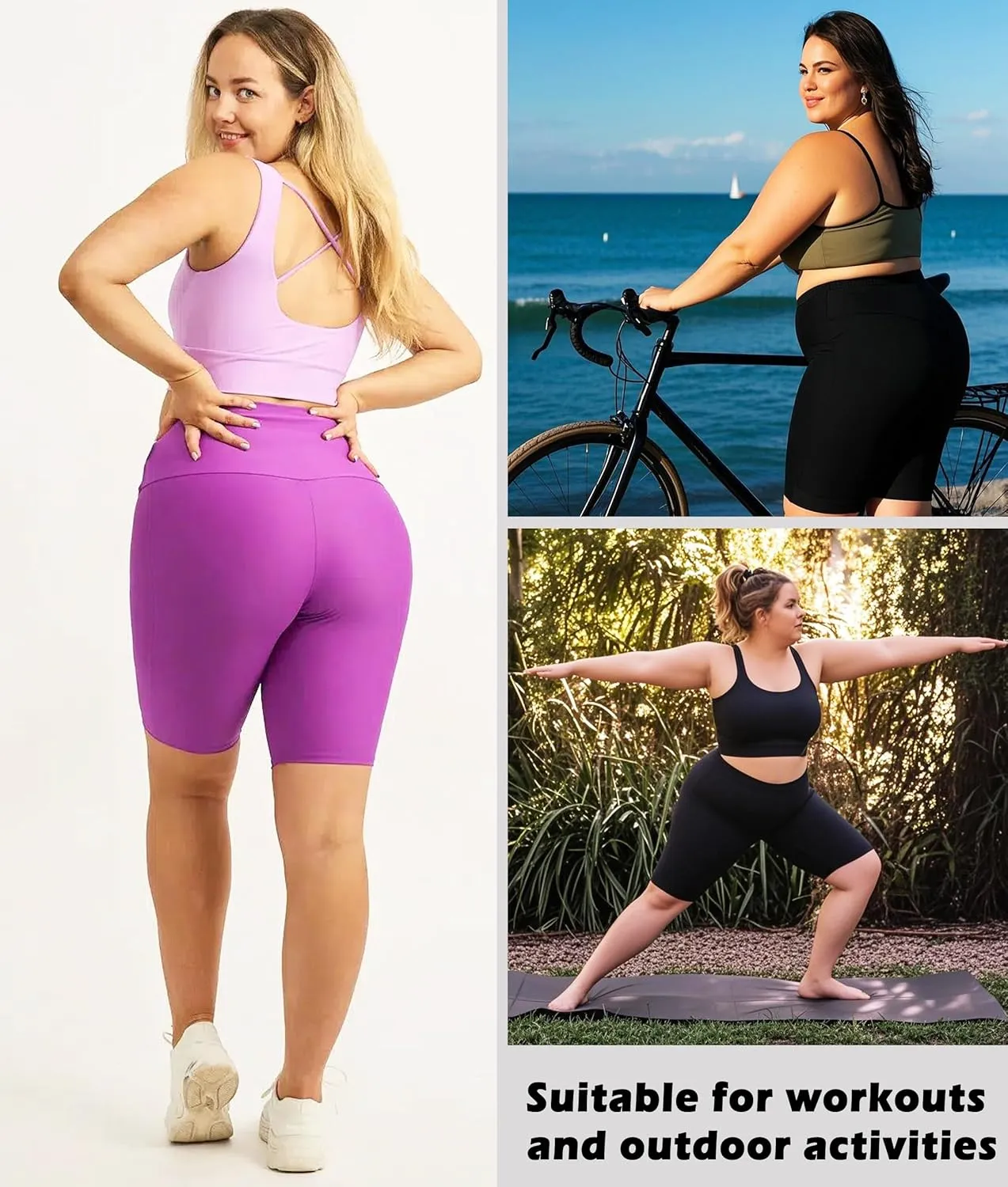NEW YOUNG 3 Pack Plus Size Biker Shorts with Pockets for Women-High Waisted 8" Yoga Pants Workout Shorts