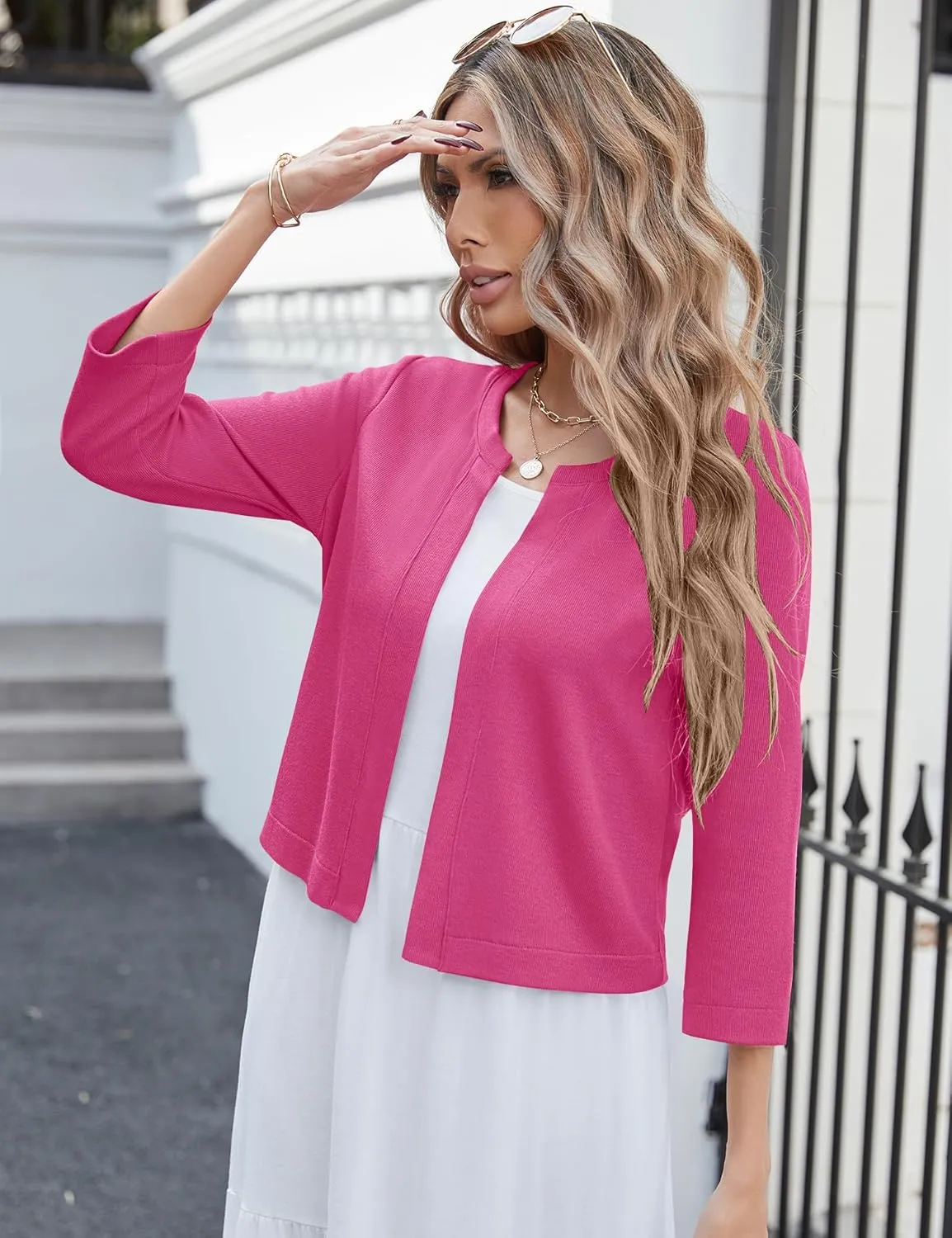 Newchoice Women's Open Front Cropped Cardigan Sweaters Bolero Shrugs for Dresses 3/4 Sleeve Casual Lightweight Cardigans