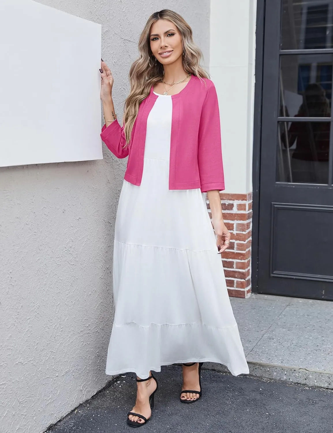Newchoice Women's Open Front Cropped Cardigan Sweaters Bolero Shrugs for Dresses 3/4 Sleeve Casual Lightweight Cardigans