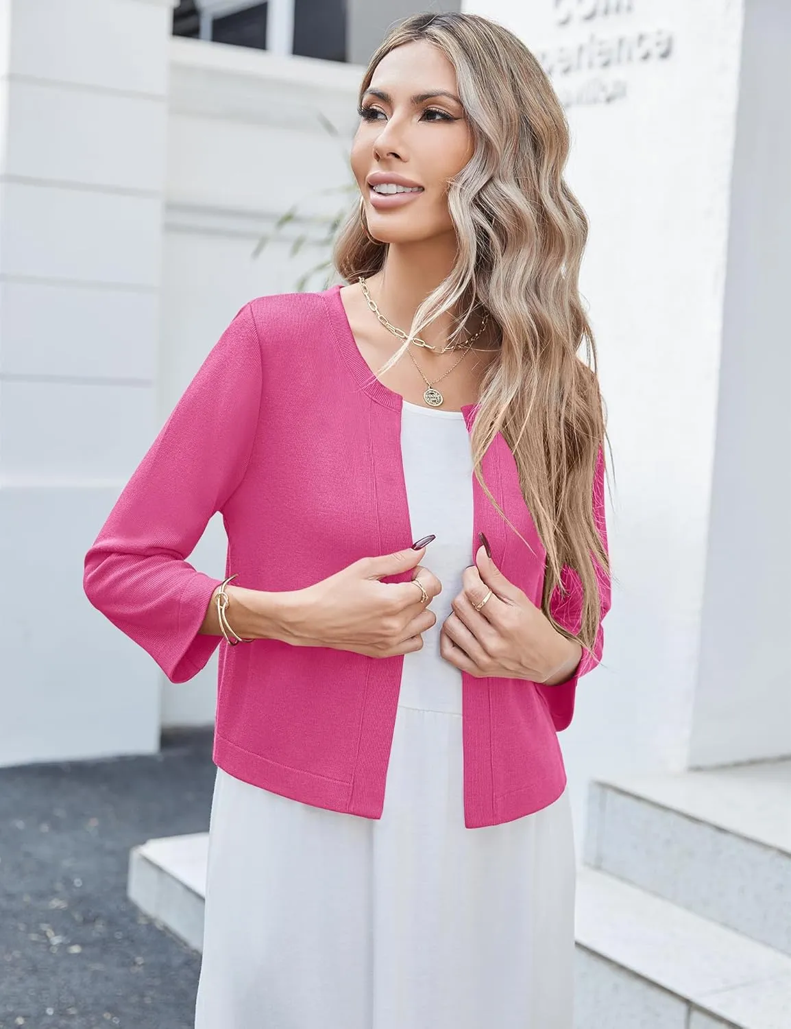 Newchoice Women's Open Front Cropped Cardigan Sweaters Bolero Shrugs for Dresses 3/4 Sleeve Casual Lightweight Cardigans