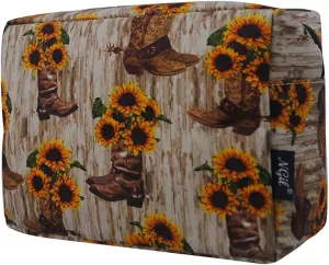 NGIL Large Cosmetic travel Pouch (Cowboy Boots & Sunflowers-Black)