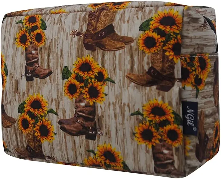 NGIL Large Cosmetic travel Pouch (Cowboy Boots & Sunflowers-Black)