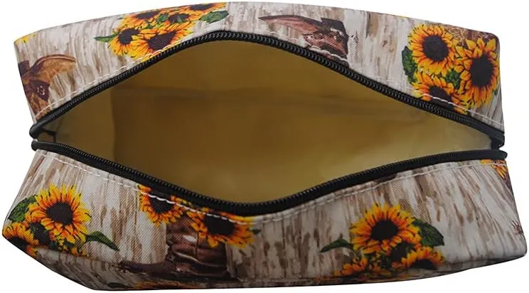 NGIL Large Cosmetic travel Pouch (Cowboy Boots & Sunflowers-Black)