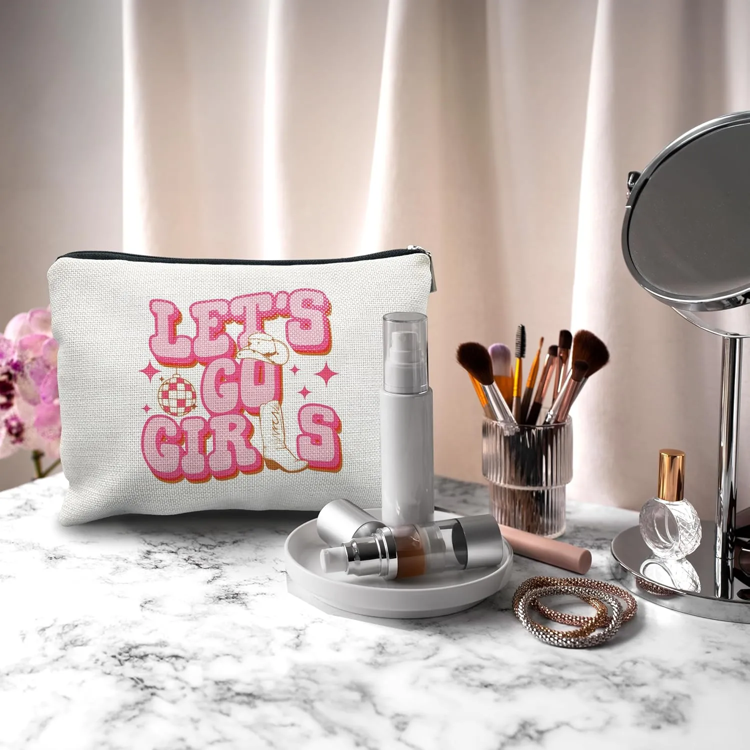 Nogrit Western Makeup Cosmetic Bag, Let's Go Girls Cowgirl Hat Boots Disco Ball Travel Toiletry Bag, Bachelorette Party Favors, Gifts for Women Teen Girls