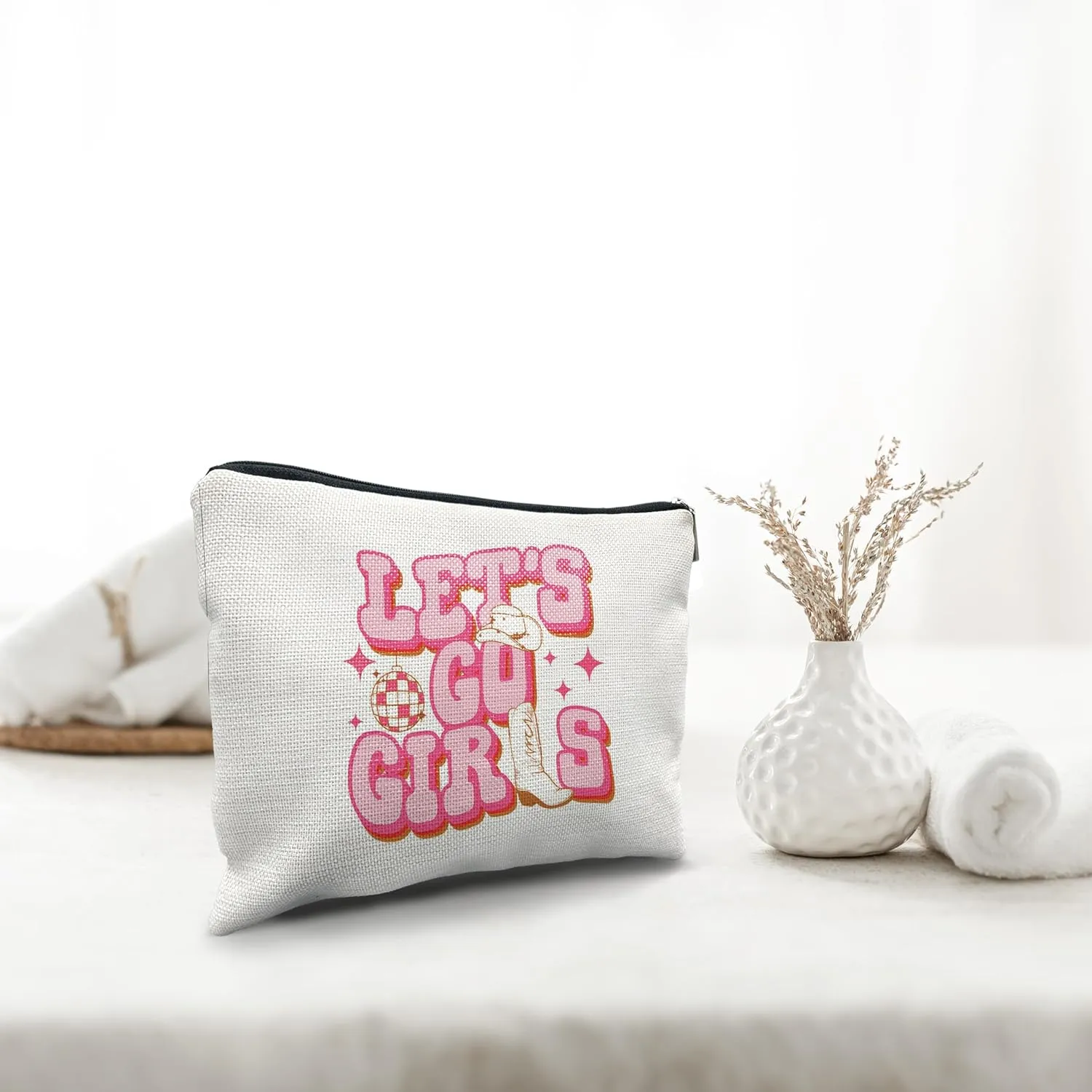 Nogrit Western Makeup Cosmetic Bag, Let's Go Girls Cowgirl Hat Boots Disco Ball Travel Toiletry Bag, Bachelorette Party Favors, Gifts for Women Teen Girls
