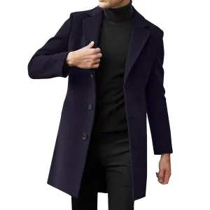 Notched Collar Trench Coat for Men Big and Tall Single Breasted Long Sleeve Winter Pea Coats Lapel Long Overcoats