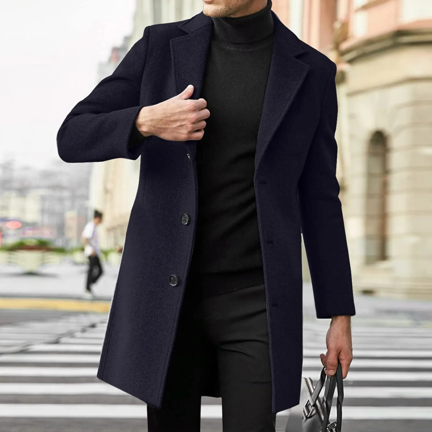 Notched Collar Trench Coat for Men Big and Tall Single Breasted Long Sleeve Winter Pea Coats Lapel Long Overcoats