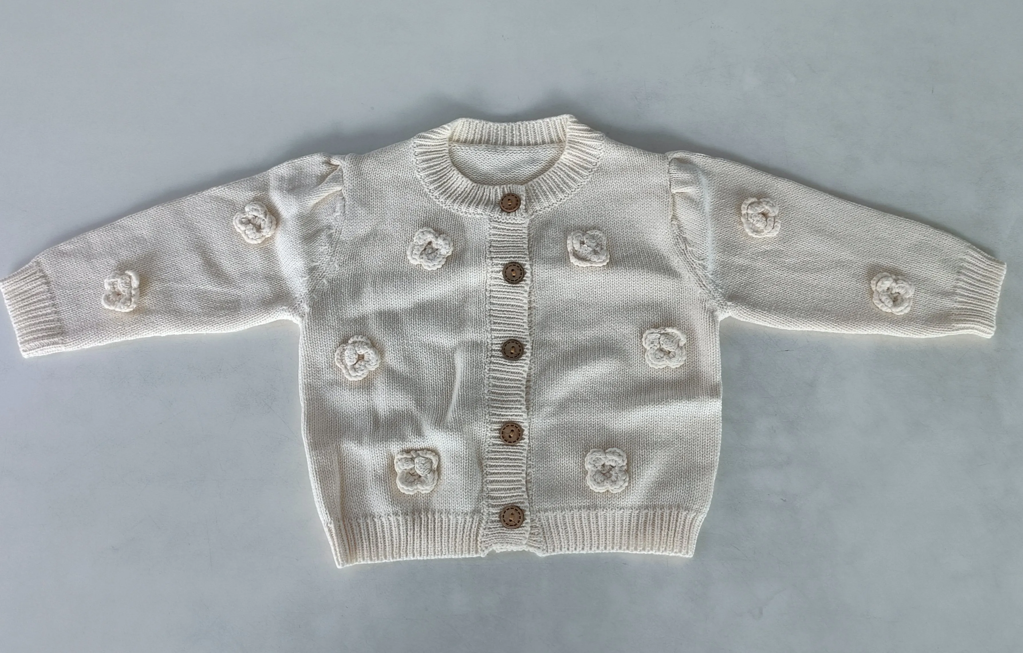 Off-White Woolen Round Neck Long Sleeve Front Open Sweater