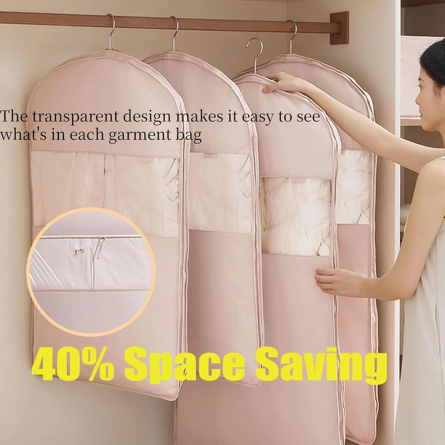 Otherwise Garment Bag, 2025 Space Saving Hanging Garment Bag with Self Compression Zipper, for Winter Coat, Seasonal Clothes (PINK, M)
