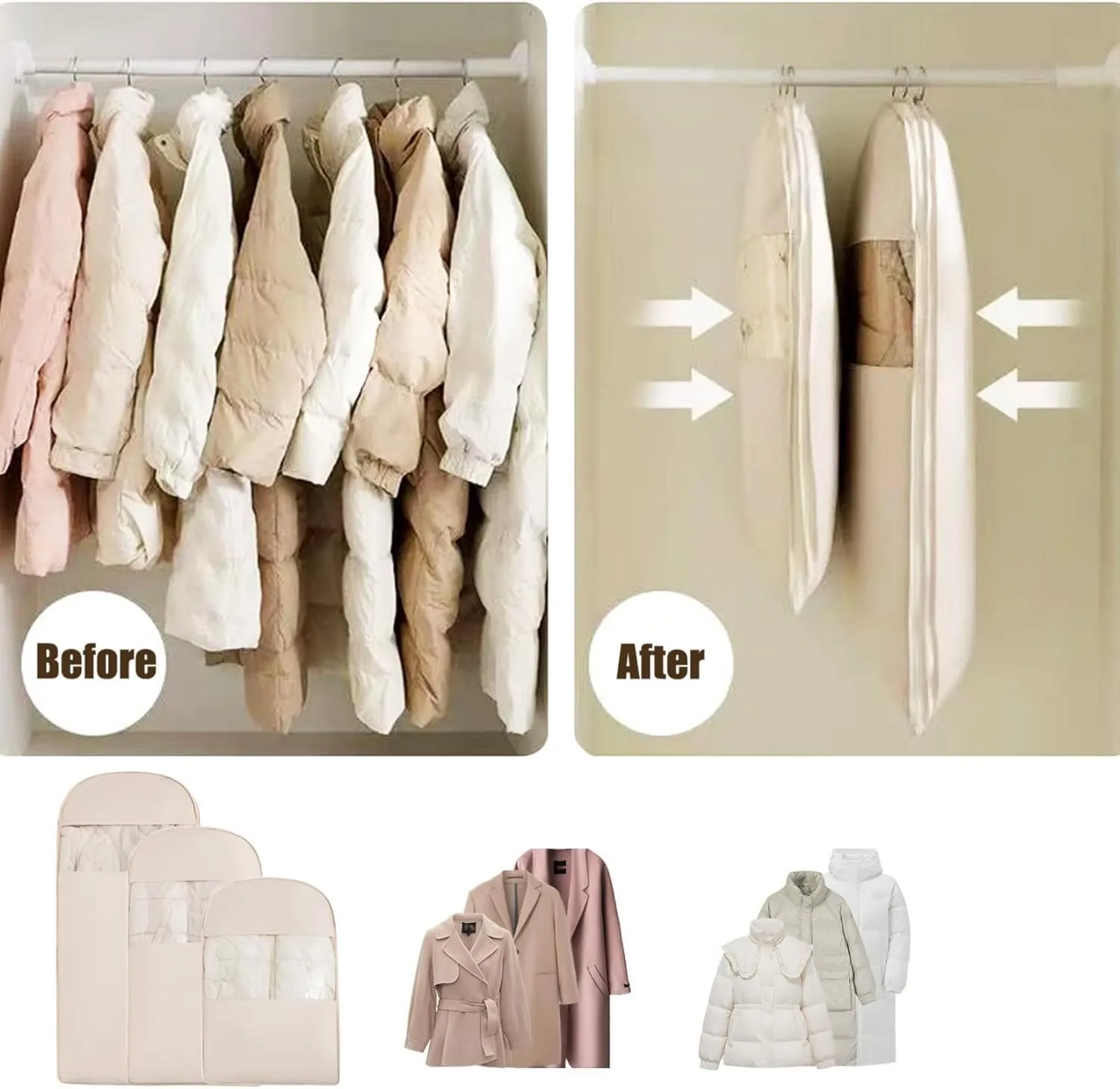 Otherwise Garment Bag, 2025 Space Saving Hanging Garment Bag with Self Compression Zipper, for Winter Coat, Seasonal Clothes (PINK, M)