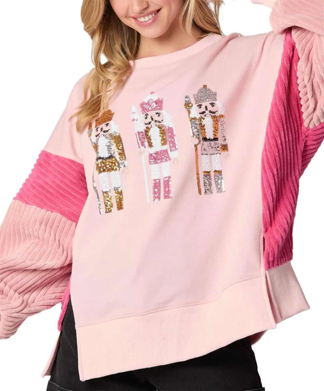 Oversized Christmas Sweatshirts for Women Funny Sequin Nutcracker Soldier Graphic Slit Crewneck Long Sleeve Pullover