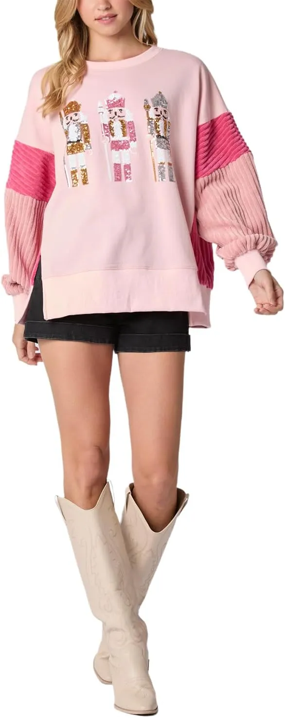 Oversized Christmas Sweatshirts for Women Funny Sequin Nutcracker Soldier Graphic Slit Crewneck Long Sleeve Pullover