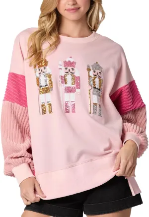 Oversized Christmas Sweatshirts for Women Funny Sequin Nutcracker Soldier Graphic Slit Crewneck Long Sleeve Pullover