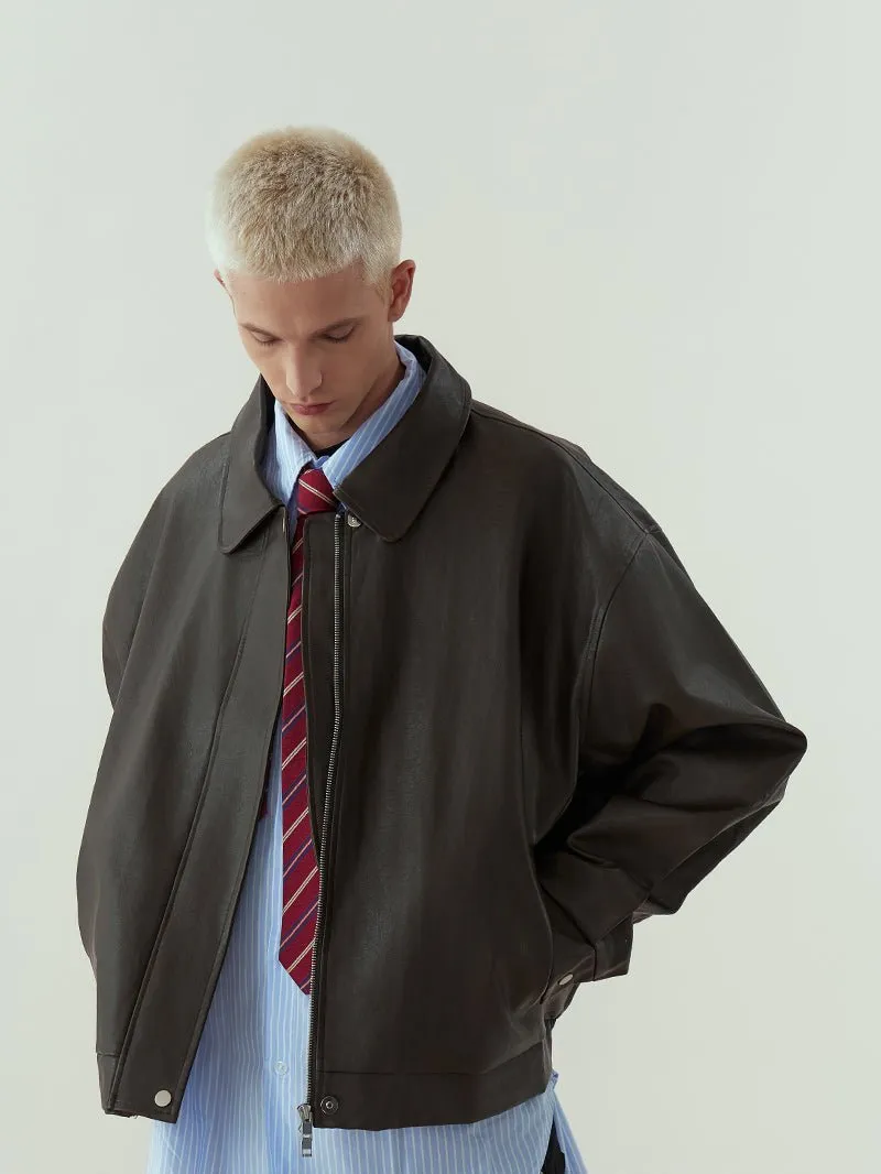 Oversized Faux Leather Drop Shoulder Zip Jacket