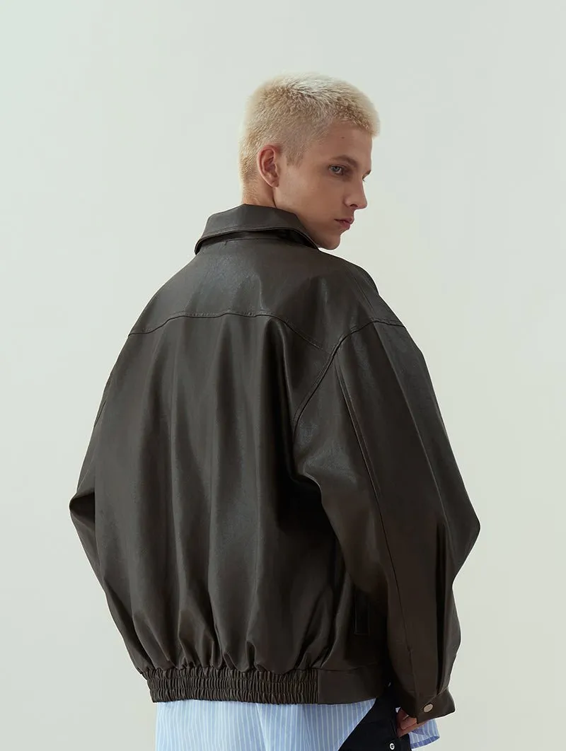 Oversized Faux Leather Drop Shoulder Zip Jacket