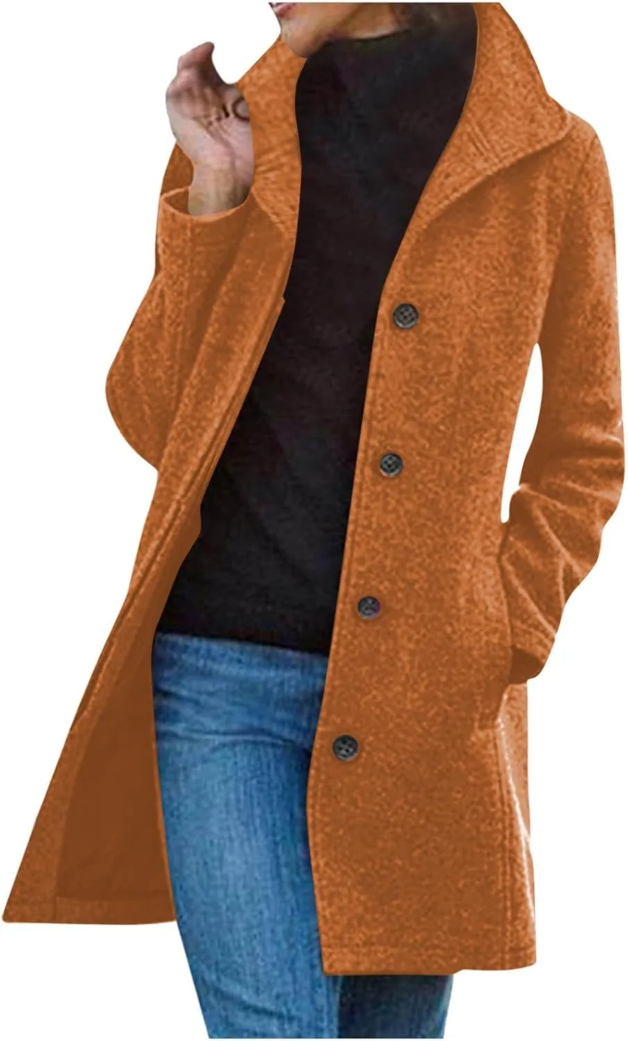 Pea Coats for Women Winter Stand Collar Trench Coats Trendy Single Breasted Tweed Jacket with Pockets Long Wool Overcoat