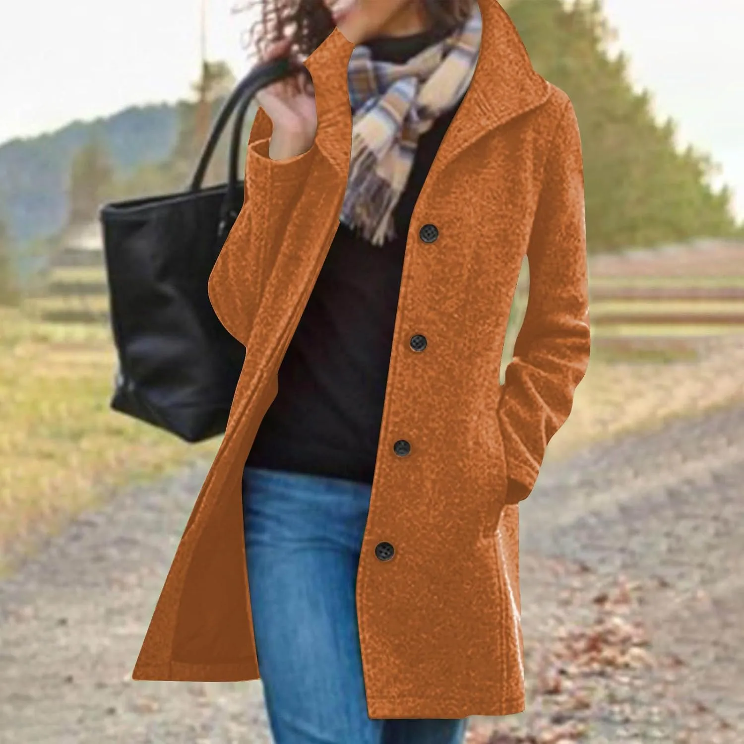 Pea Coats for Women Winter Stand Collar Trench Coats Trendy Single Breasted Tweed Jacket with Pockets Long Wool Overcoat