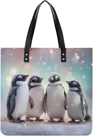 Penguin Birds Tote Bags PU Leather Top Handle Satchel Handbags Shoulder Bags Travel Purse for Women Men