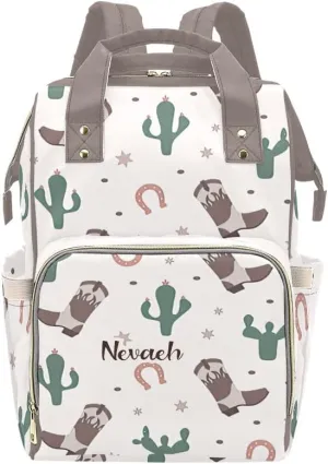 Personalized Cowboy Boots Cactus Tropical Diaper Bag Backpack Bookbag Name Daypack Large Mommy Bag for Adult Girl Boy Birthday
