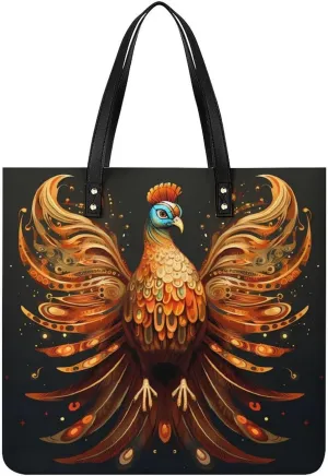 Pheasant Golden Feathers Tote Bags PU Leather Top Handle Satchel Handbags Shoulder Bags Travel Purse for Women Men