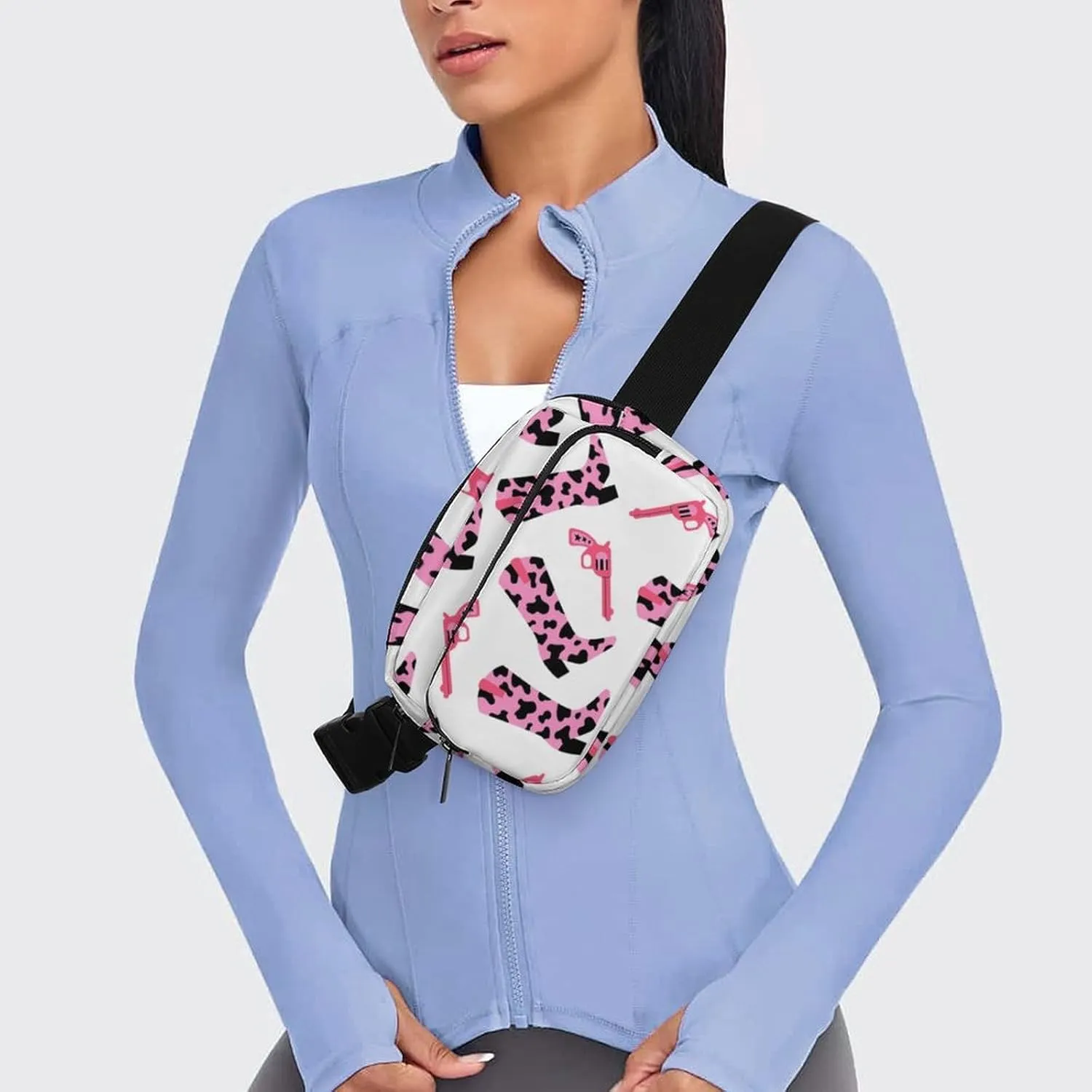 Pink Cowboy Boots Belt Bag Fanny Pack Crossbody Cow Print And Gun Fashion Waist Packs With Adjustable Strap For Men Women Travel Hiking Cycling Running