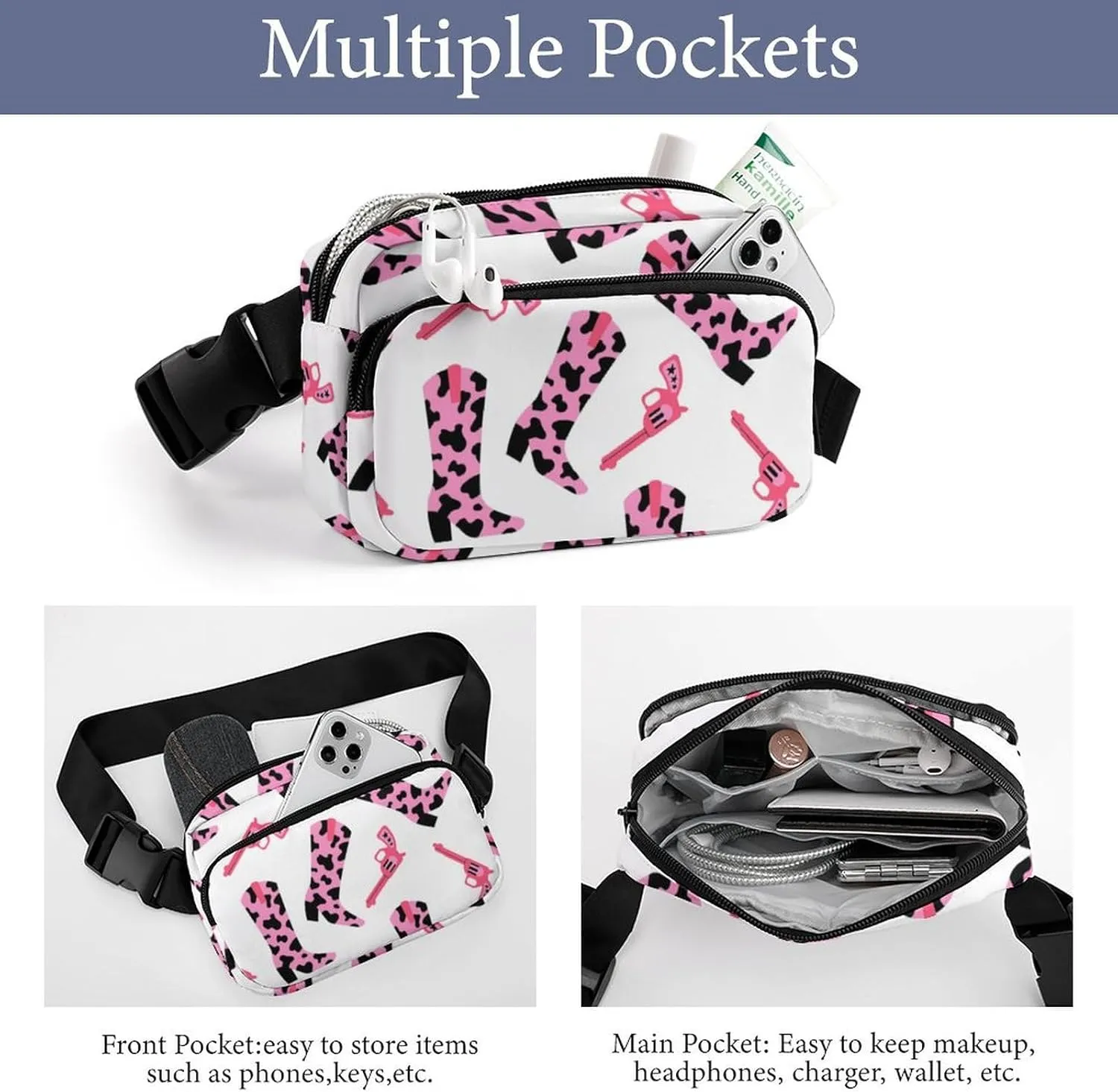 Pink Cowboy Boots Belt Bag Fanny Pack Crossbody Cow Print And Gun Fashion Waist Packs With Adjustable Strap For Men Women Travel Hiking Cycling Running