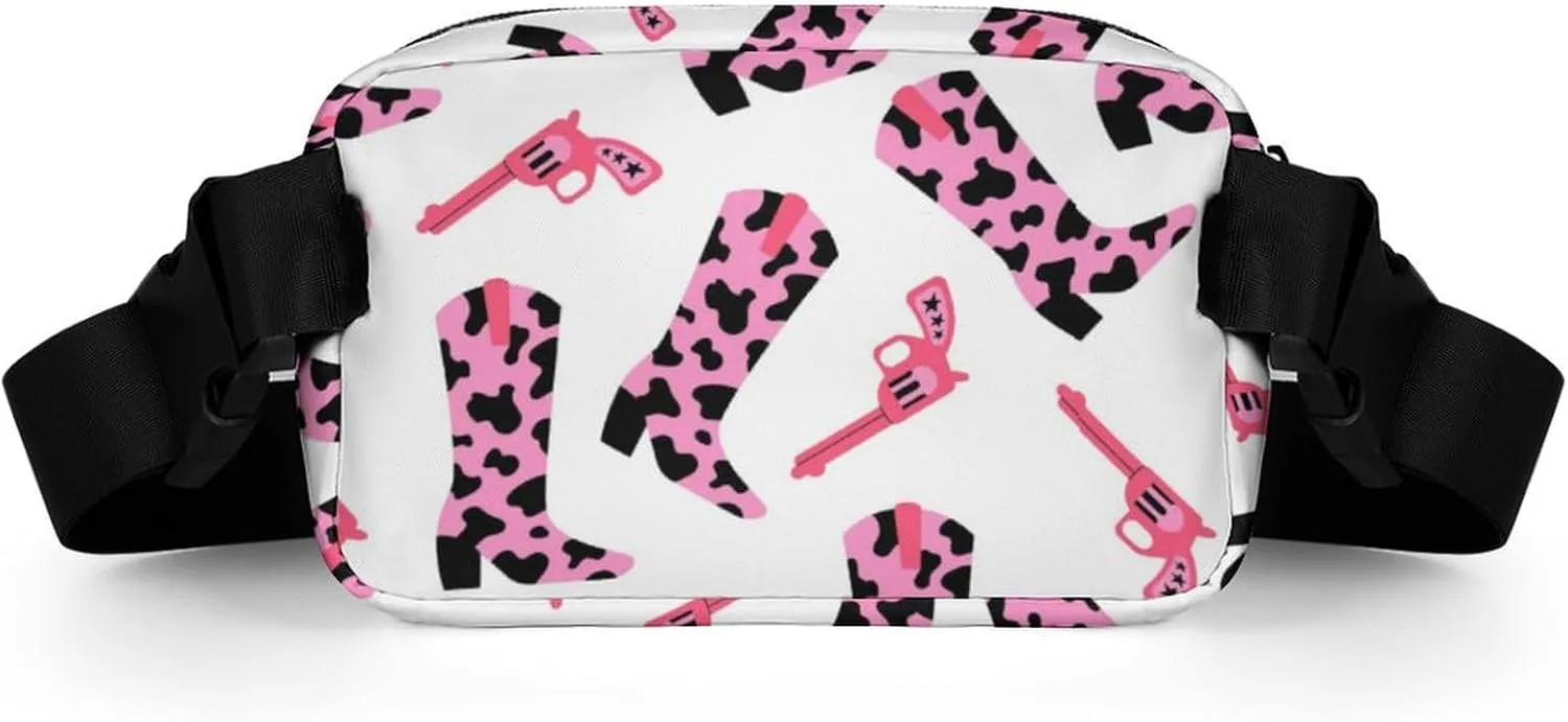 Pink Cowboy Boots Belt Bag Fanny Pack Crossbody Cow Print And Gun Fashion Waist Packs With Adjustable Strap For Men Women Travel Hiking Cycling Running