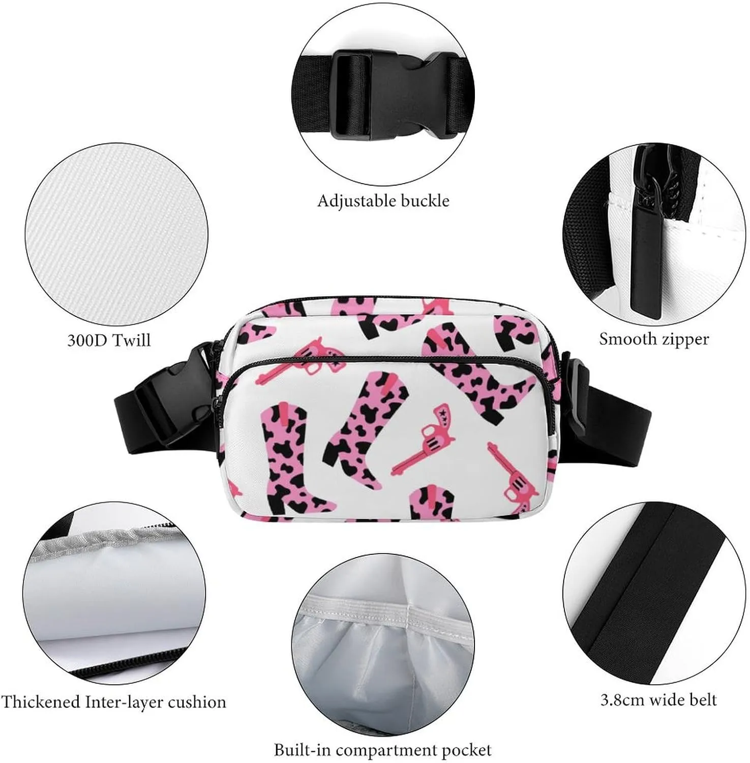 Pink Cowboy Boots Belt Bag Fanny Pack Crossbody Cow Print And Gun Fashion Waist Packs With Adjustable Strap For Men Women Travel Hiking Cycling Running