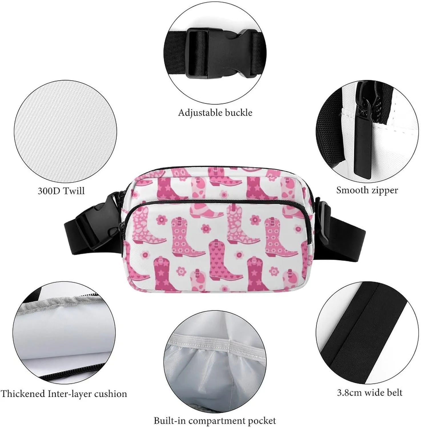 Pink Cowgirl Boots And Flowers Belt Bag Fanny Pack for Women Men Western Crossbody Waist Bag Pack Adjustable Casual Bag for Travel Running Workout Cycling