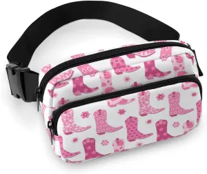 Pink Cowgirl Boots And Flowers Belt Bag Fanny Pack for Women Men Western Crossbody Waist Bag Pack Adjustable Casual Bag for Travel Running Workout Cycling