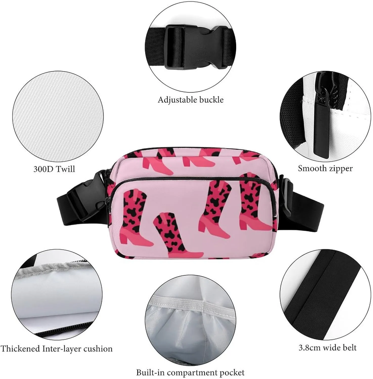 Pink Cowgirl Boots Fanny Pack Belt Bag with Adjustable Strap Animal Cow Print Waist Packs Small Pouch Crossbody Bags for Hiking Running Cycling Traveling