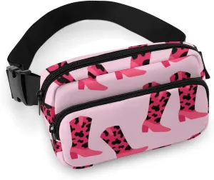 Pink Cowgirl Boots Fanny Pack Belt Bag with Adjustable Strap Animal Cow Print Waist Packs Small Pouch Crossbody Bags for Hiking Running Cycling Traveling