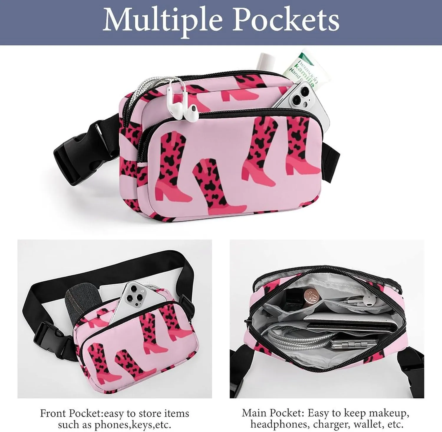 Pink Cowgirl Boots Fanny Pack Belt Bag with Adjustable Strap Animal Cow Print Waist Packs Small Pouch Crossbody Bags for Hiking Running Cycling Traveling