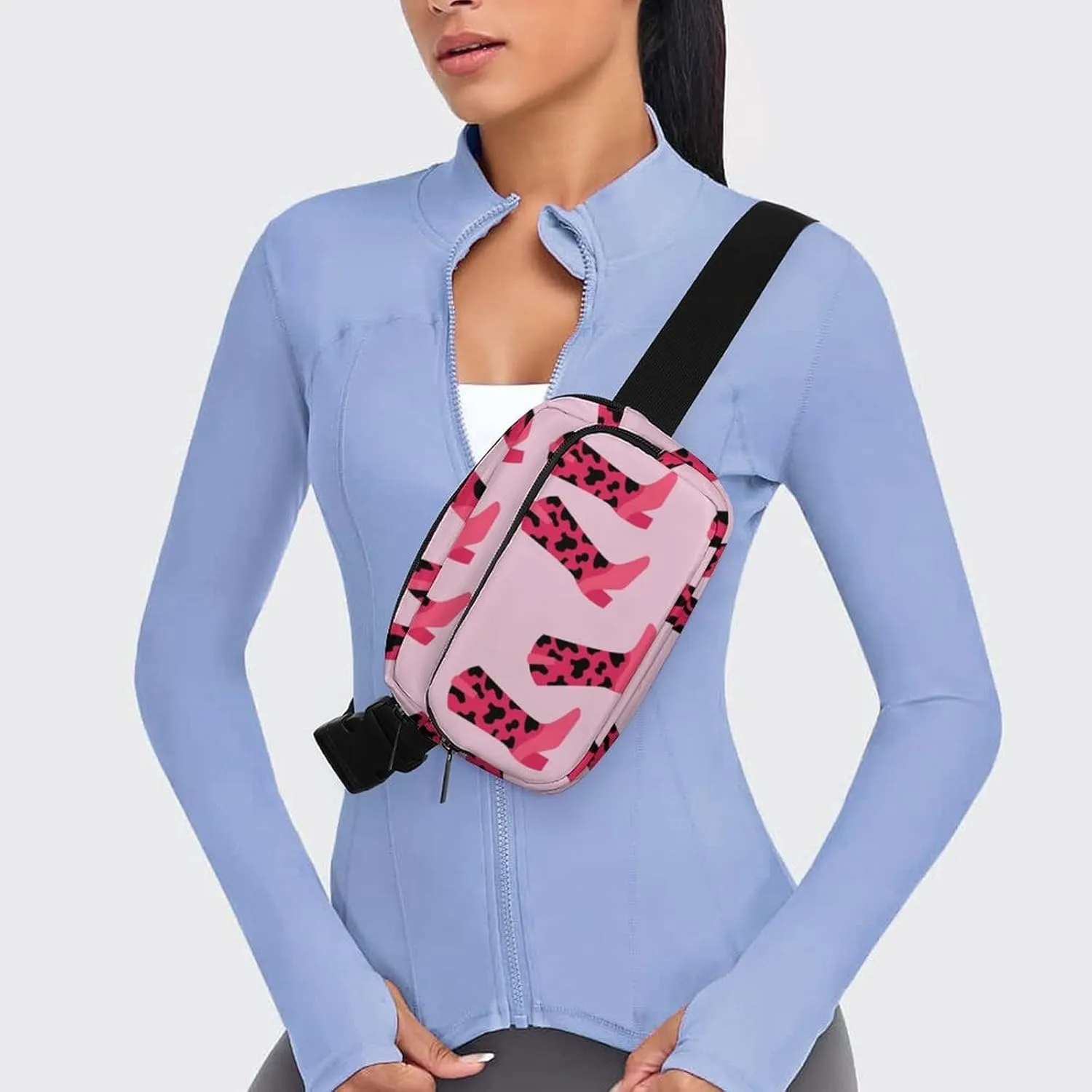 Pink Cowgirl Boots Fanny Pack Belt Bag with Adjustable Strap Animal Cow Print Waist Packs Small Pouch Crossbody Bags for Hiking Running Cycling Traveling