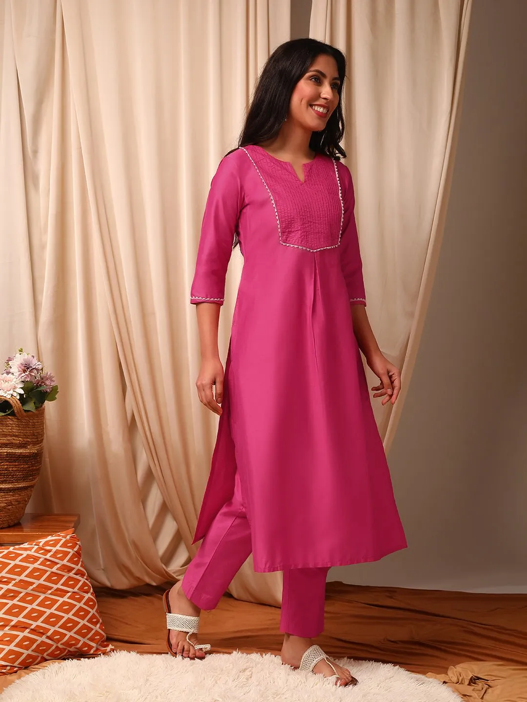 Pink Women Pleated Gotta Patti Pure Silk Kurta with Trousers