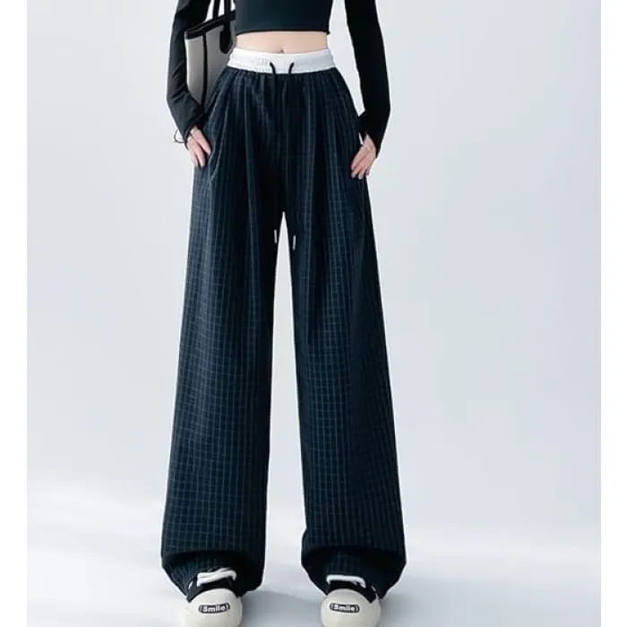 Plaid Panel High Waist Drawstring Wide Leg Pants