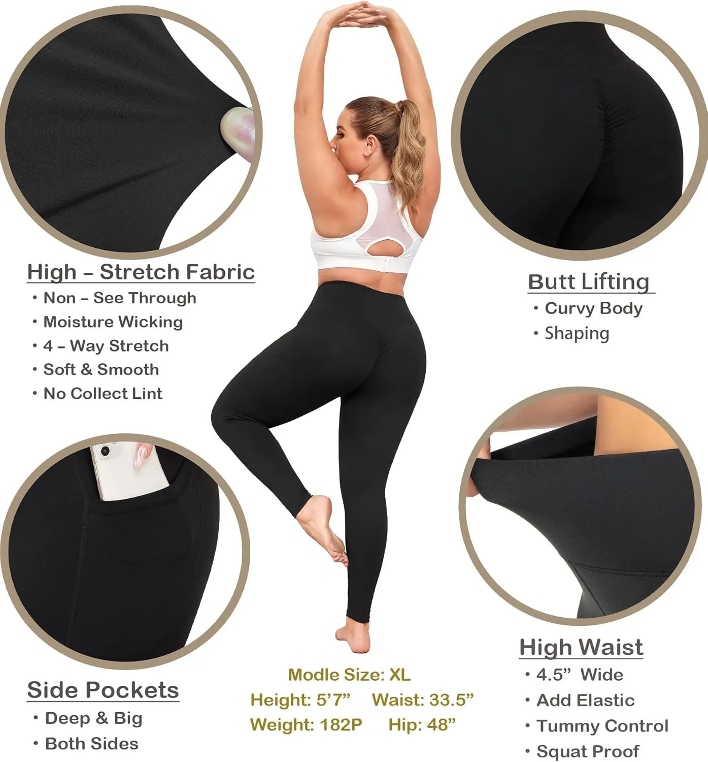 Plus Size Butt Lifting Leggings with Pockets for Women, L-5XL Yoga Pants Tummy Control, High Waist Workout Leggings