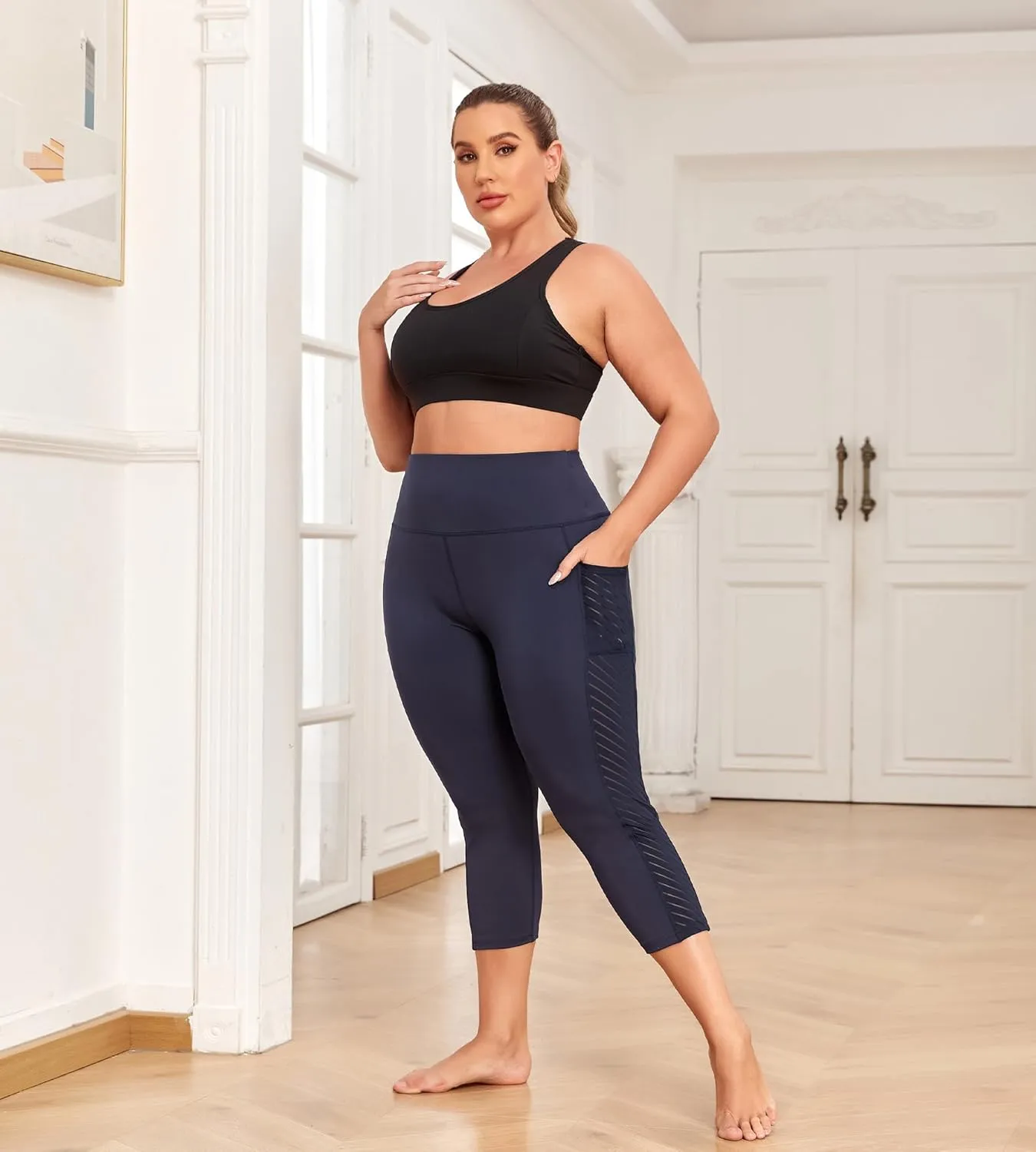 Plus Size Capri Leggings for Women with Pockets L-5X Workout Leggings Black Mesh Yoga Pants High Waisted Tummy Control