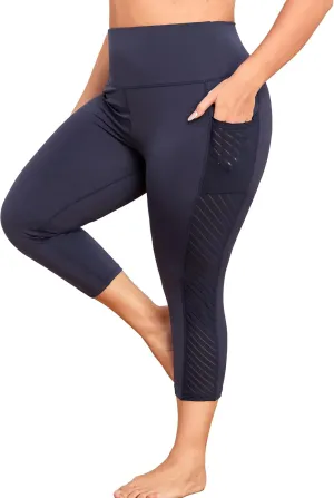 Plus Size Capri Leggings for Women with Pockets L-5X Workout Leggings Black Mesh Yoga Pants High Waisted Tummy Control